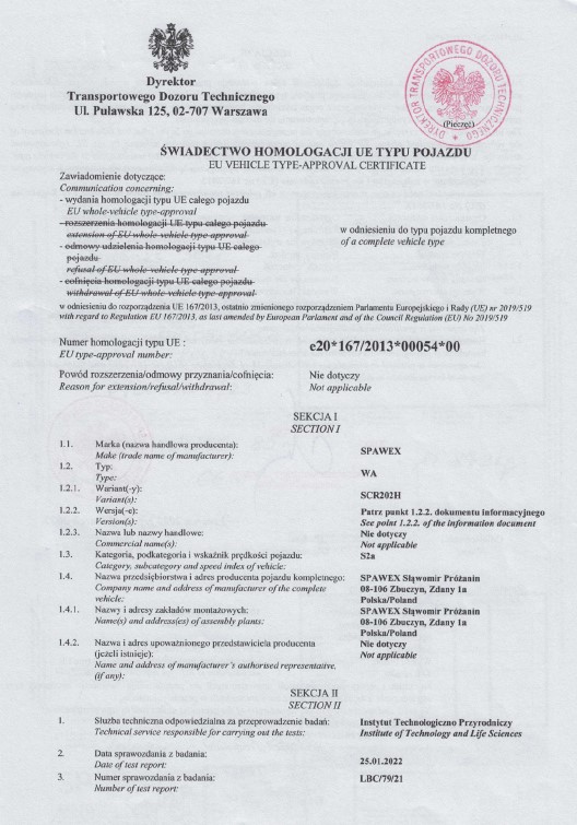 Certyfikat - Wóz asenizacyjny WA-22 000